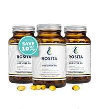 Load image into Gallery viewer, Rosita Extra Virgin Cod Liver Oil Softgels 90ct 3Pack