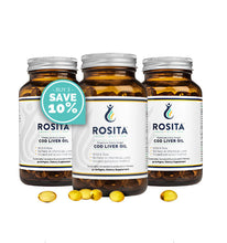 Load image into Gallery viewer, Rosita Extra Virgin Cod Liver Oil Softgels 90ct 3Pack
